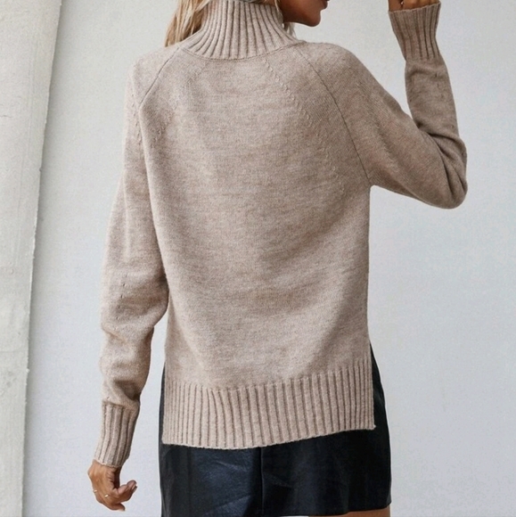 New Ribbed High Low Mock Neck Knit Sweater Top Tan Khaki Light Brown - Picture 6 of 9